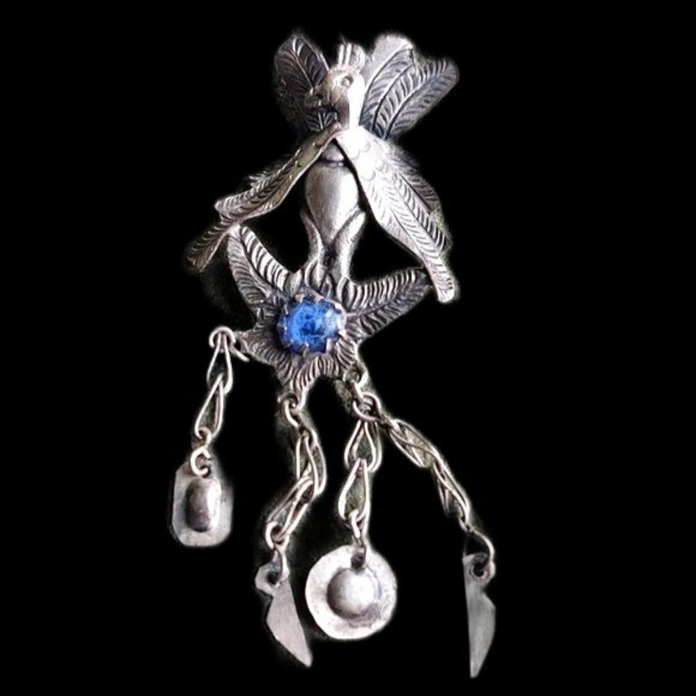 Antique Peruvian Peacock Shawl Pin/Brooch Cabochon Blue Stone Silver Ove…